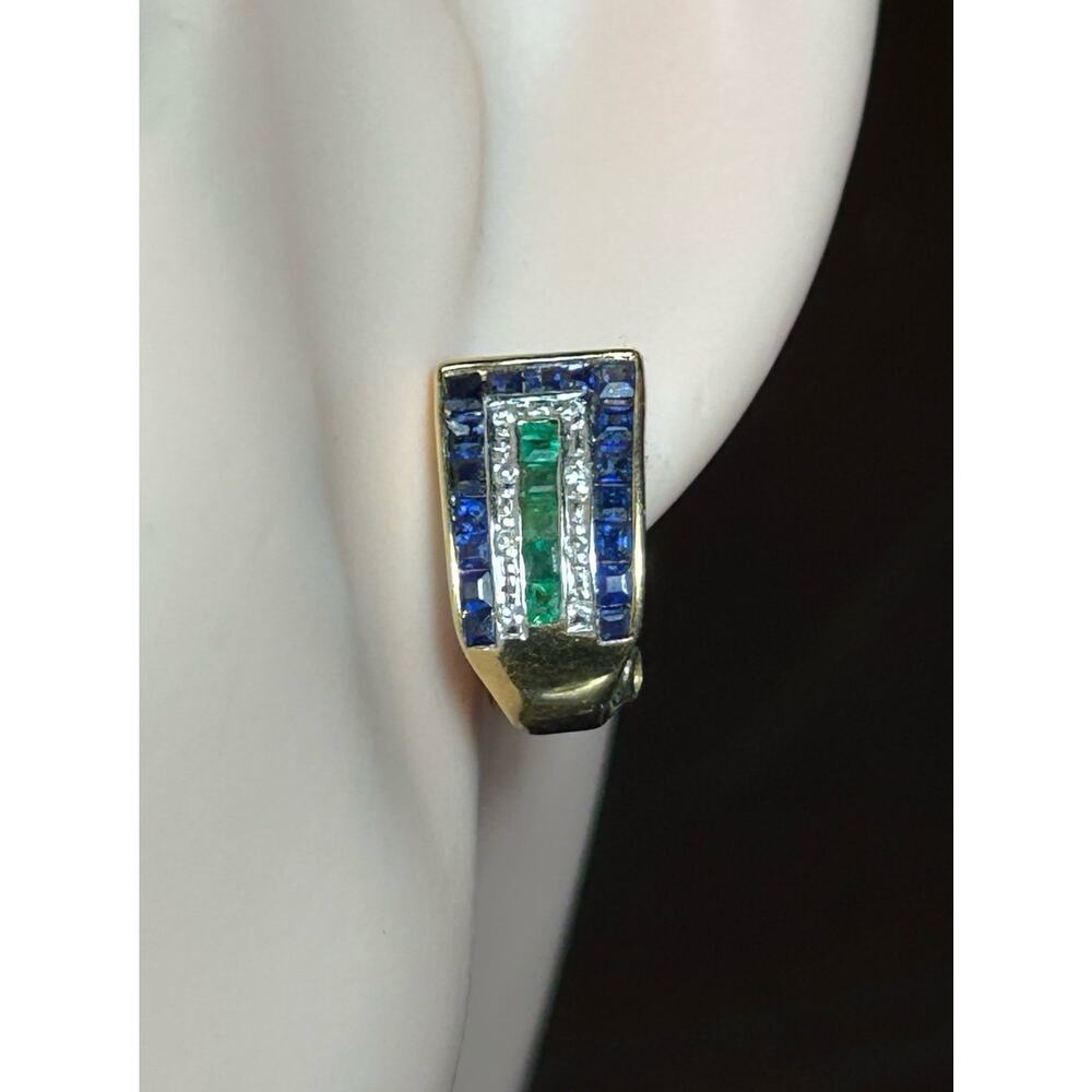 Vintage 585 14k yellow gold emerald sapphire & diamonds omega backs earrings